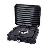 JATA JECG2721 Draagbaar gasfornuis met 1 vlam, met grill, geschikt voor butaan en propaan, afneembaar beschermdeksel, campingkooktoestel, ruimtebesparend