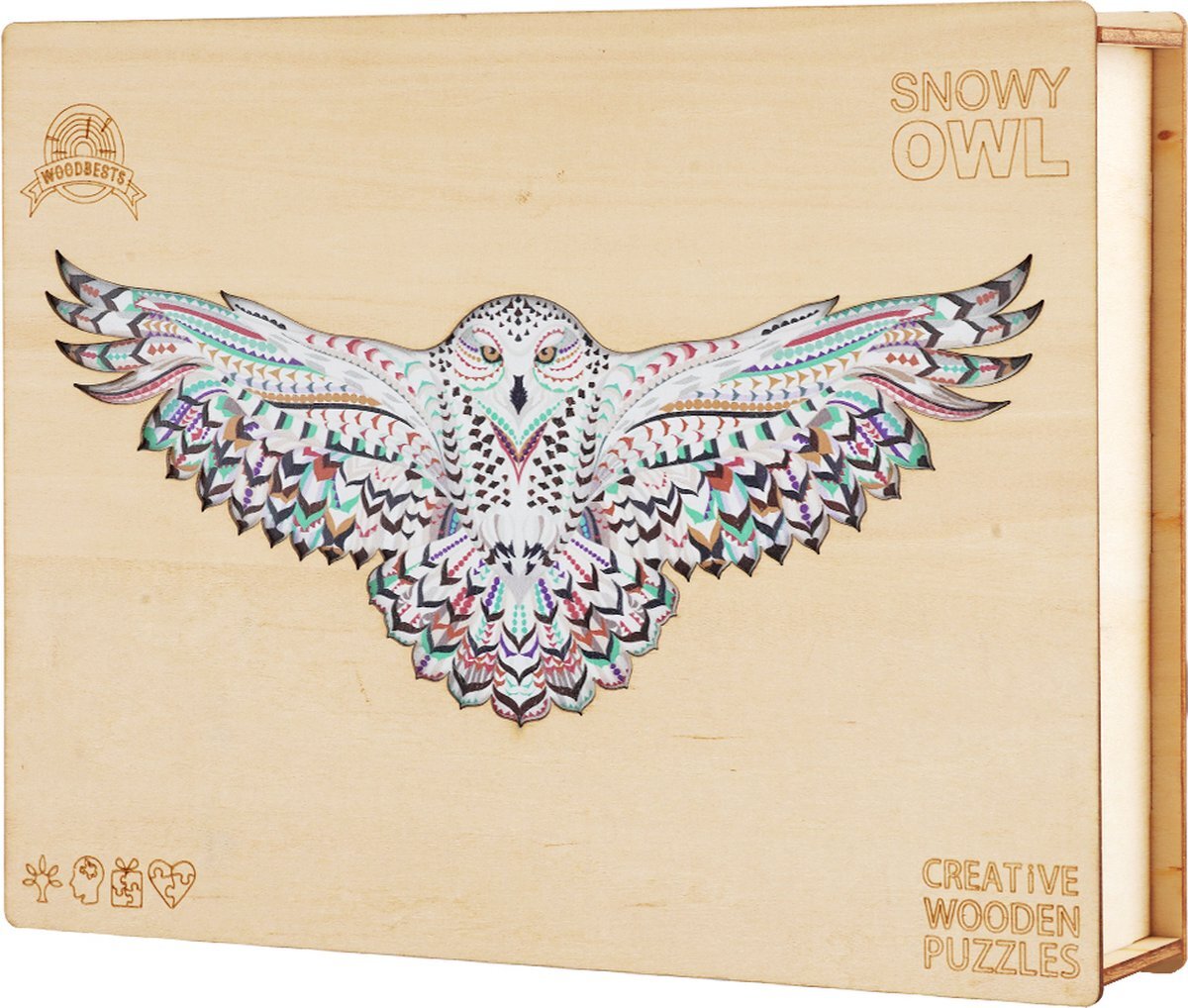 Brickkies Sneeuw Uil, Snowy Owl, Jigsaw puzzle, houten puzzel, A3, Maat L, 52 x 22 cm, 258 stukjes