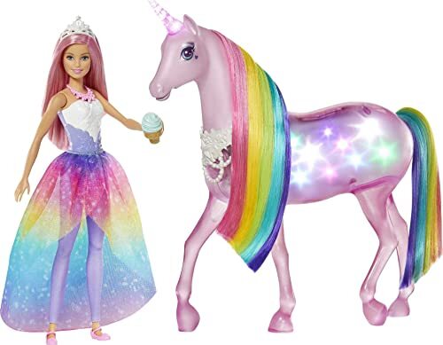 Barbie GWM78 - Dreamtopia Magisch magisch licht eenhoorn met aanraakfunctie, licht en geluid, poppenspeelgoed en poppenaccessoires vanaf 3 jaar, gereduceerde verpakking