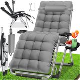 KESSER® Ligstoel Opvouwbaar Met Drinkhouder Tuinstoel Met Kussen, Ligbed, Extra Grote Tuinligstoel, Verstelbare Rugleuning Tuinligstoel Met Kussensteun - Grijs