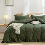 BESTOUCH Dekbedovertrek Set 100% Gewassen Katoen Linnen Voelt Super Zacht Comfortabel Chic Lichtgewicht 3 Stuks Thuis Beddengoed Set Olijfgroen Queen