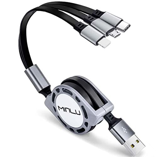 Minlu 1,2m Multi Intrekbare USB Oplaadkabel 3A, 2 stuks 3-in-1 meerdere USB-oplaadkabel met type C/micro-USB voor telefoon 12 11 Xs/Tablets/Samsung Galaxy/Pixel/Huawei/LG/Xiaomi (Gray)