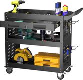 LOCENHU Aobabo Werkplaatswagen, metalen handkar, montagewagen 75×70×35 cm, met afsluitbare lade, vier haken, maximaal draagvermogen 150 kg