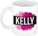 Bellatio Decorations Kelly naam cadeau koffie mok - beker - met roze verfstrepen - Cadeau collega - moederdag - verjaardag - juf - coach - 300 ml - wit