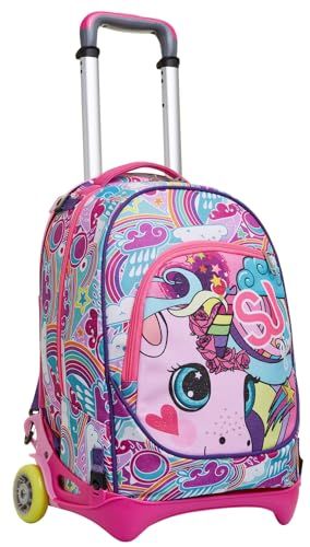 SJ GANG Rugzak met wieltjes, met boekentas op wielen, 3-in-1, afneembare rugzak + trolley, meisjes en jongens, voor school, sport, laptoptas, met eenhoorn, Roze, Modern