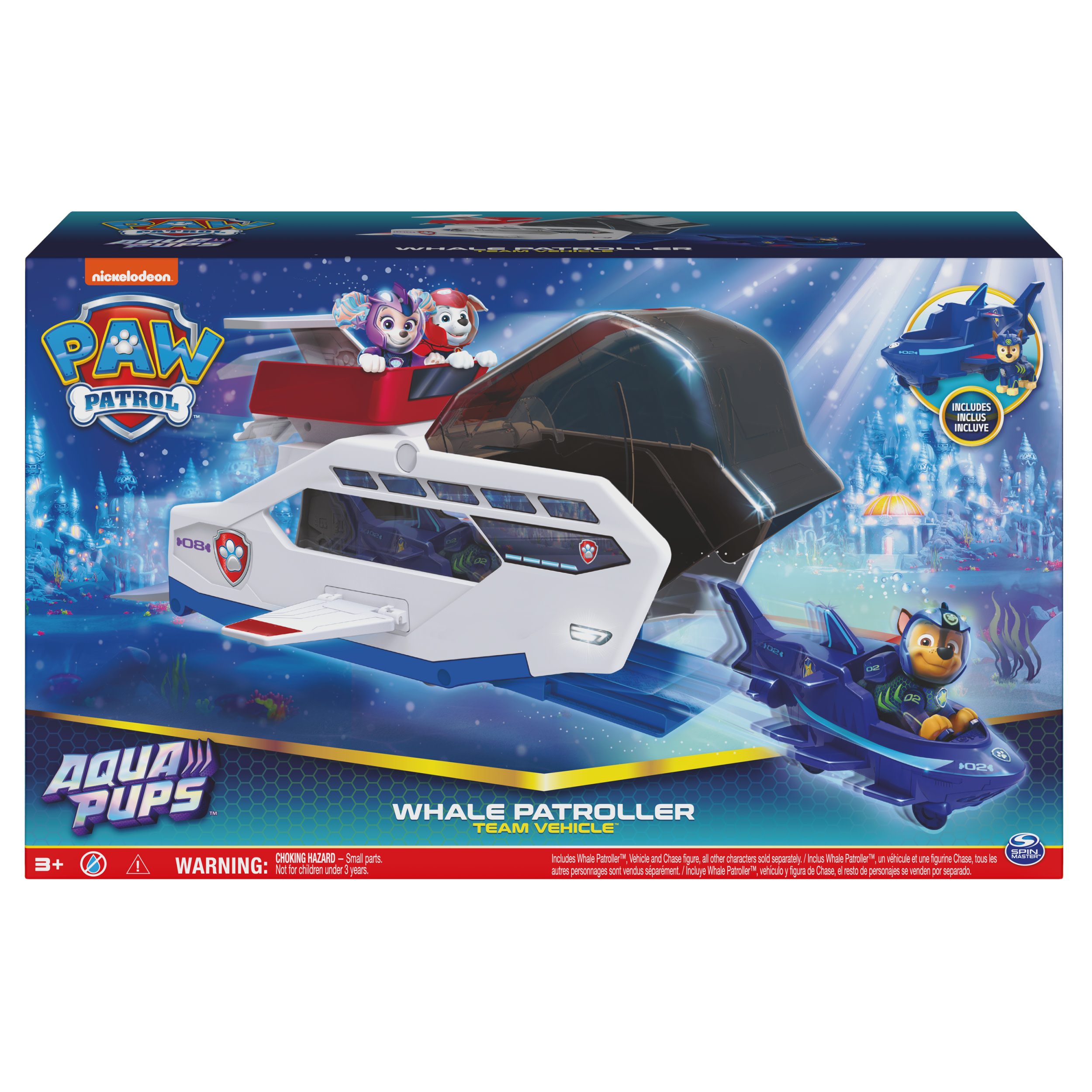 Spin Master PAW Patrol Aqua Pups - Walvis Patroller-teamvoertuig met Chase-actiefiguur speelgoedauto en voertuigwerper