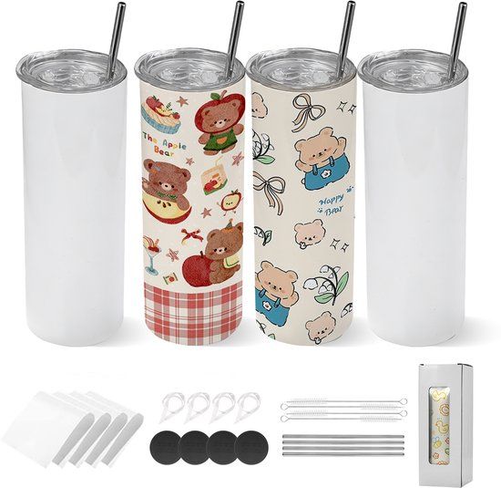 VEVOR Sublimatiebekers 4 Stuks (591 Ml), Roestvrijstalen Sublimatiebekers met Deksels en Rietjes, Dubbelwandige Geïsoleerde Sublimatiebekers voor Individuele Doe-Het-Zelf-Ontwerpen en Cadeaus