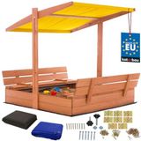 KOTARBAU® Houten Zandbak - 120 x 120 cm - Bruin - Zandbak met Bankjes - met Geel Dak - en Grondzeil