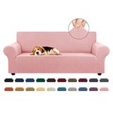 KEKUOU Stretch sofahoes, bankhoezen voor 3-zits, bank, huisdiervriendelijk (79-94 inch), meubelbeschermer, bank met elastische onderkant, voor kinderen, hond, jacquard, klein geruit (Large, oudroze)