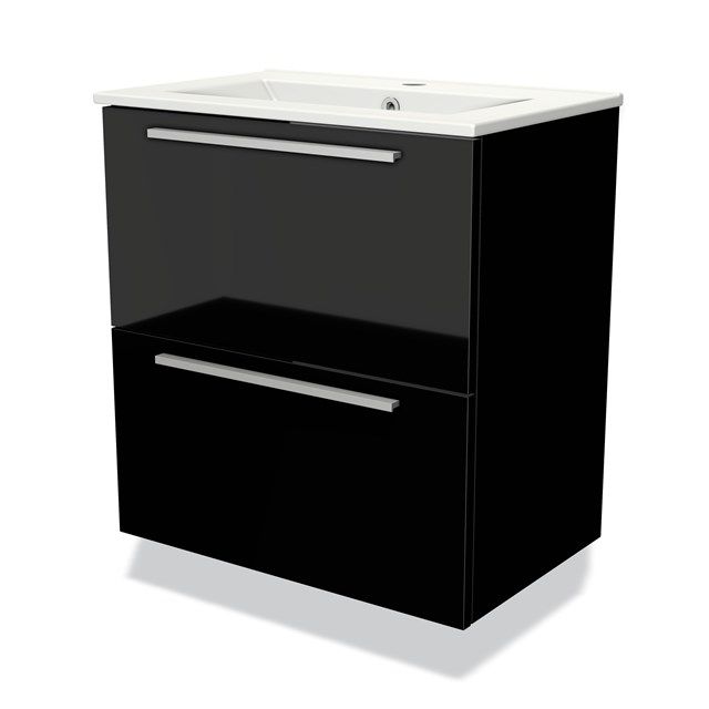 Maxaro Badkamermeubel 60cm Modulo Slim Hoogglans Zwart 2 Lades Vlak Wastafel Keramiek