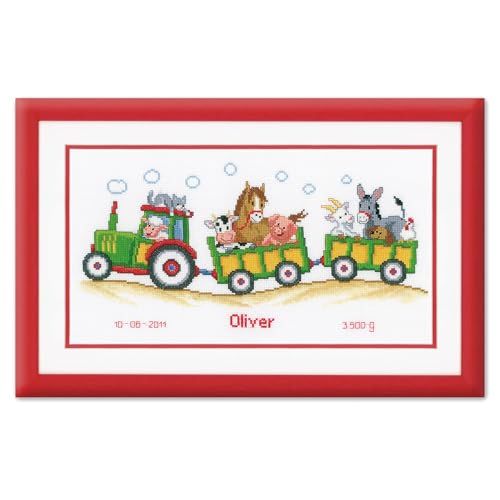 VERVACO Kruissteek Borduurpakket Geboorte Baby TRACTOR MET DIEREN Handwerkpakket voor Wanddecoratie 36 x 19 cm Borduurwerk met Telpatroon DIY Kit Babykamer Decoratie Cadeau Knutselen Voor Volwassenen