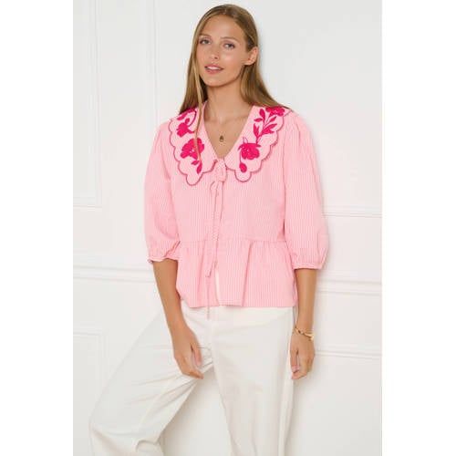 LOLALIZA gestreepte blouse met broderie - roze
