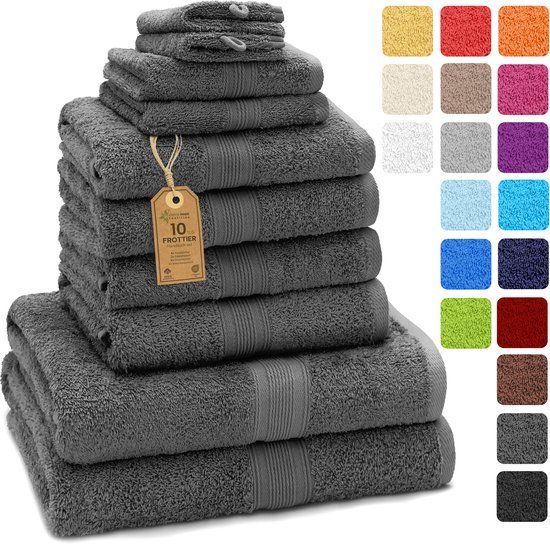 GREEN MARK 10-delige handdoekenset van 100% katoen – 4 handdoeken 50×100 cm, 2 badhanddoeken 70×140 cm, 2 gastendoekjes 30×50 cm en 2 washandjes - Antracietgrijs