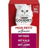 PURINA Gourmet Mon Petit Intense Kattenvoer, Natvoer met Rund, Kalf of Lam in Saus - 6x50g - doos van 8 (48 maaltijdzakjes; 2,4kg)