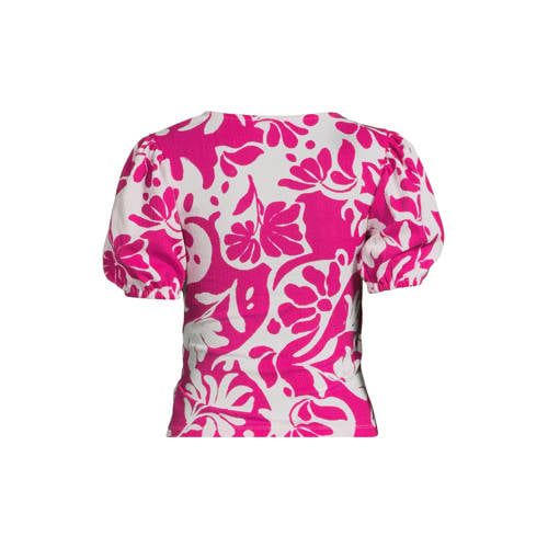 Anytime Overslagtop met Pofmouwen Roze/Wit