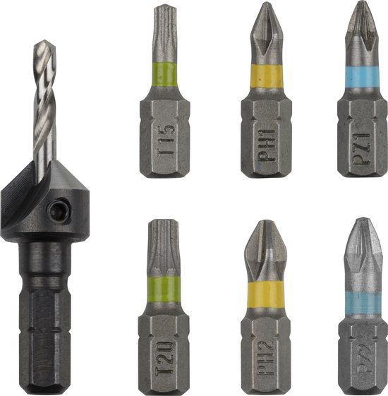 Wolfcraft Flipbit toebehorenset - Verzinkboor - PH 1, PH 2, PZ 1, PZ 2, TX 15, TX 20 - 7-delig