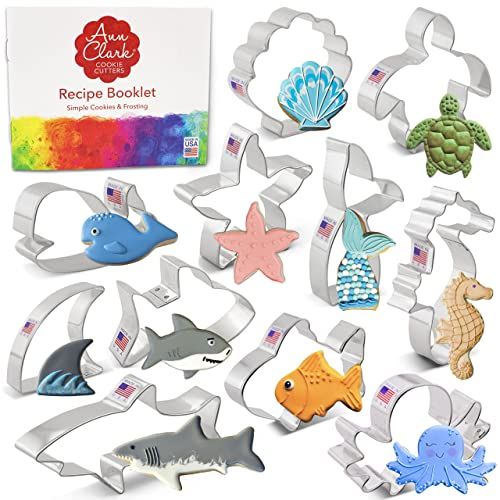 Ann Clark Cookie Cutters 11-delige Onderzeese Koekjesvormset met Receptenboek, Haai, Walvis, Vis, Zeemeerminstaart, Zeeschildpad