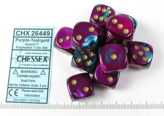 Chessex dobbelstenen set, 12 st. 6-zijdig, 16mm Gemini Purple-Teal w/gold