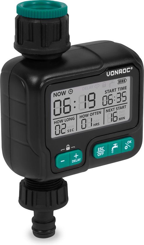 VONROC Watertimer - Besproeiingscomputer - digitaal - automatisch irrigatiesysteem - IPX5 waterbestendig