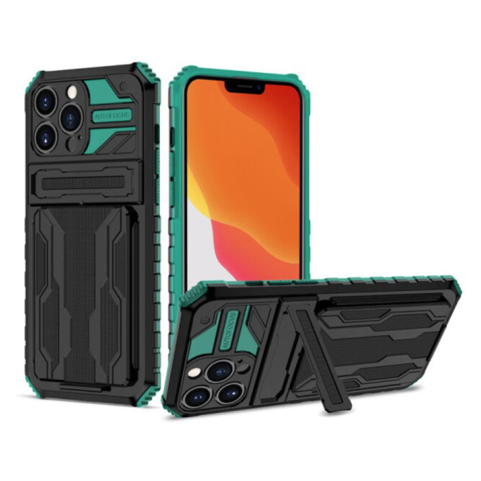 YIKELO YIKELO iPhone 8 Plus - Armor Card Slot Hoesje met Kickstand - Wallet Cover Case Groen