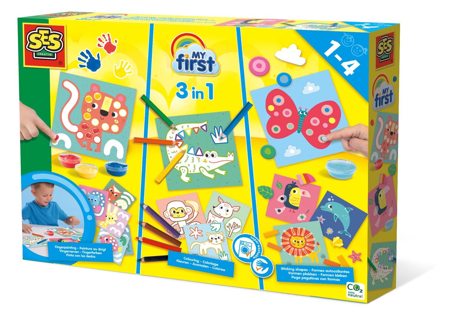 SES Creative My First - 3 in 1 - Vingerverven, kleuren en vormen plakken - Kleurset voor Kinderen - 4 Kleuren Vingerverf, 8 Potloden, Vingerlijm en Knutselkaarten