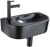 QeramiQ Fuente Fonteinset - 40x21.5x12cm - links - glad - halfrond - 1 kraangat - keramiek - fonteinkraan zwart mat - afvoerplug - verlaagd sifon - zwart mat