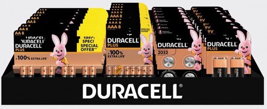 Duracell batterijen, Plus 100 % AA, AAA en 9V en CR2032, display van 41 stuks