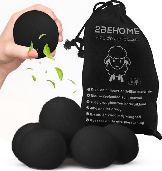 2BEHOME XL Drogerballen Voor Wasdrogers - 6 Stuks - Zwart - Schapenwol