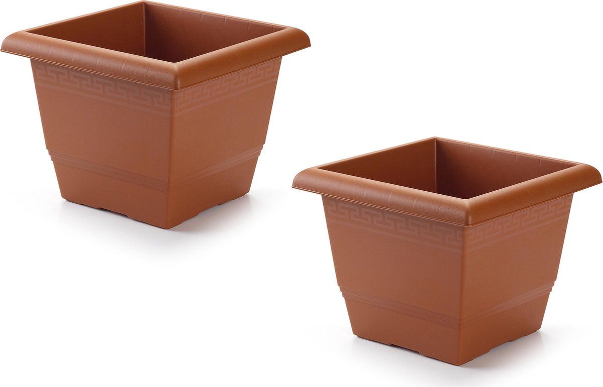 Forte Plastics 2x stuks plantenbak terra cotta 26 x 26 x 20 cm - Bloembak vierkant van kunststof - Binnenmaat 25 cm