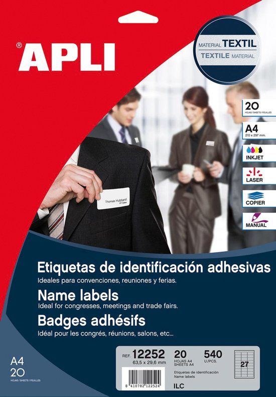 Apli 12252 - Afneembare textieletiketten 63,5 x 29,6 mm 20 vellen