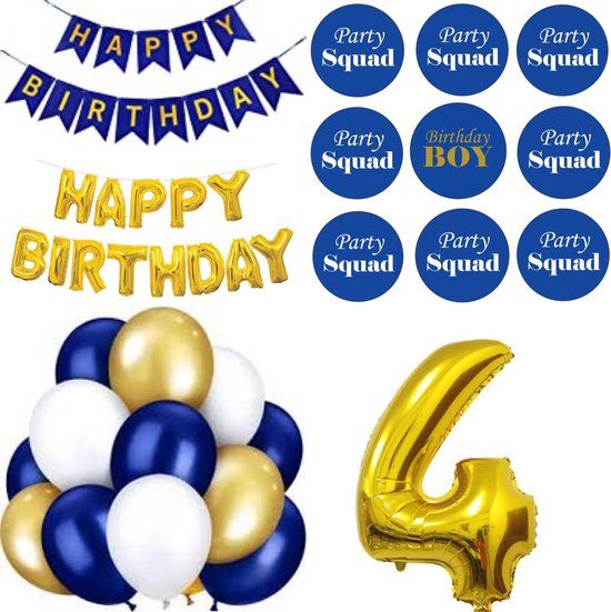 4thePerfectParty Happy Birthday Decoration Set - 4th Birthday - Blue & Gold - 27 Pieces