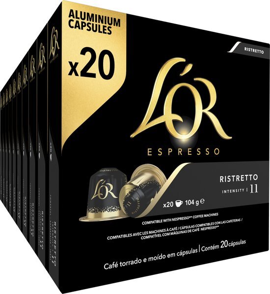 L’OR Espresso Koffiecups Ristretto (200 Ristretto Koffie Capsules, Geschikt voor Nespresso* Koffiemachines, Intensiteit 11/12, 100% Arabica Koffie, UTZ Gecertificeerd), 10 x 20 Cups