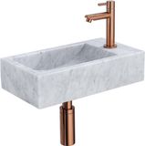Saniclass Fuente fonteinset – rechthoekig – 40x22x10 cm – natuursteen wit – koperen kraan