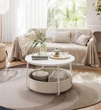Bobbel Home - Salontafel Rond - Bijzettafel met Opbergruimte - Met Stoffen Mand - Metalen Frame - Wit-Kameelbruin - 75 x 45 cm