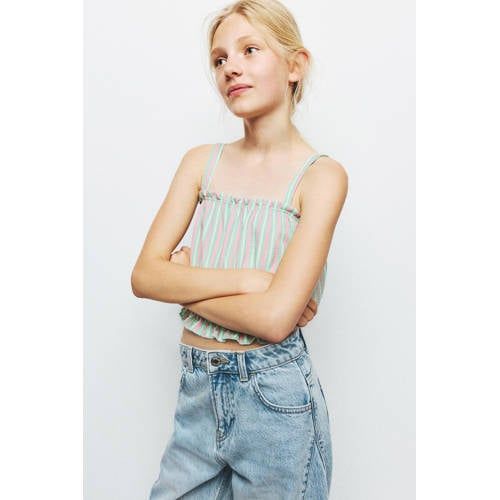 Mango Kids cropped gestreepte mouwloze top met ruches - mintgroen
