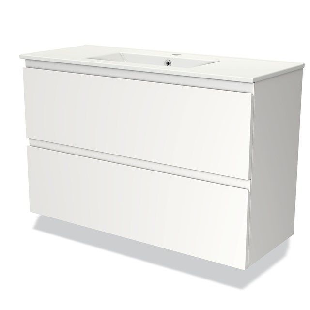 Maxaro Badkamermeubel 100cm Modulo Slim Mat Wit 2 Lades Greeploos Wastafel Keramiek