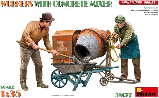 MiniArt Modelbouwpakket Militaire voertuigen - 38077 Arbeiders met Betonmixer - 2 Figuren en Accessoires Plastic - 1:35 - Modelbouw