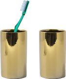 Spirella Badkamer drinkbeker/tandenborstelhouder Sienna - 2x - porselein - glans goud - 7 x 11 cm
