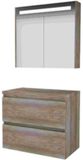 Basic Line Basic-Line Premium 46 Badkamermeubelset - 80 x 46 cm - Greeploos - 2 Lades - Wastafelblad - Spiegelkast met LED Verlichting - Scotch Oak