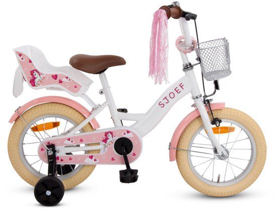 SJOEF Dolly Meisjesfiets 14 inch Wit - Unicorn - Kinderfiets met zijwieltjes 3, 4 & 5 jaar
