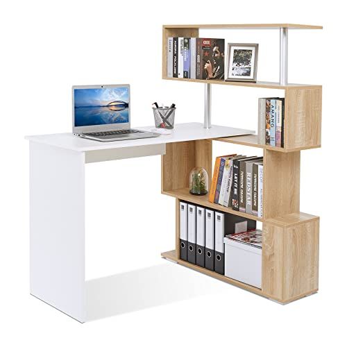 Meerveil H1071CD07WN Computertafel L-vormig, hoekbureau, met 360 graden draaibaar boekenrek voor kantoor, werkkamer, 157 x 45 x 130,5 cm, wit en natuurlijke houtnerf