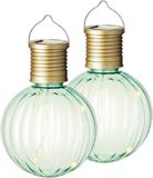 Merkloos 2x Buiten/tuin Led groene lampion solar verlichting 11 cm