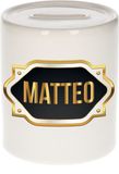 Bellatio Decorations Matteo Spaarpot - wit - met goud/zwart embleem - 8 x 9 cm - keramiek - met afsluitdop - cadeau verjaardag
