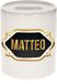Bellatio Decorations Matteo Spaarpot - wit - met goud/zwart embleem - 8 x 9 cm - keramiek - met afsluitdop - cadeau verjaardag