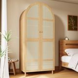 STILVORA Kledingkast - Geschulpt Deurontwerp Met Rattan Paneel En Lade - Ruime Hang- En Legplanken Voor Slaapkamer - MDF;Spaanplaat - 80x50x179 cm - Naturel