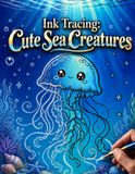 Ink Tracing: Cute Sea Creatures: 35 Kawaii Ocean Animals to Trace and Reveal - Reverse Coloring Book for Adults and Teens with Watercolor Backgrounds