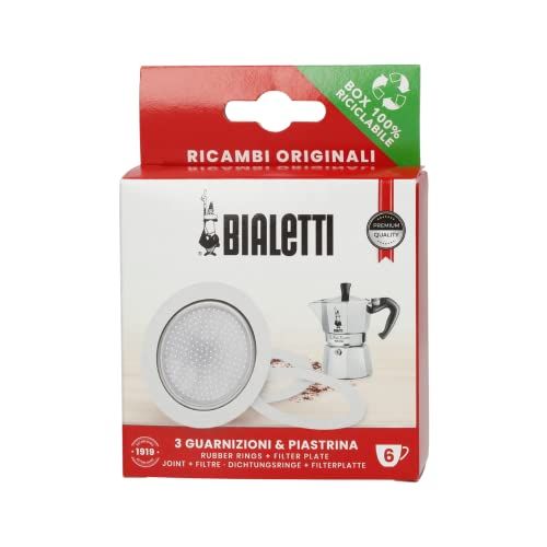 Bialetti Reserveonderdelen, inclusief 3 afdichtingen en 1 plaat, compatibel met Moka Express, Fiammetta, Break, Happy, Dama, Moka Timer en Rainbow (6 kopjes)