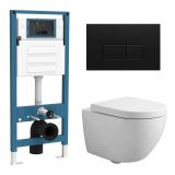 QeramiQ Dely Swirl Compact Toiletset - inbouwreservoir QeramiQ flush - 25mm zitting - metalen bedieningsplaat mat zwart- rechthoekige knoppen - glans wit