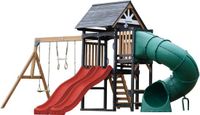 AXI Cody Speeltoestel met Schommels, Trapeze en Klimwand – Rode Dubbele Glijbaan – Met Buisglijbaan - Met Picknickbank - FSC 100% hout – Speeltoren voor de tuin / buiten