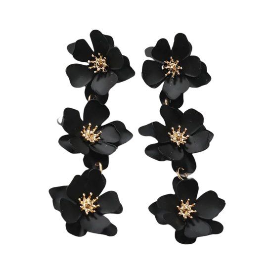 Zwarte bloem clip oorbellen - lang - geen gaatje - Charme Bijoux